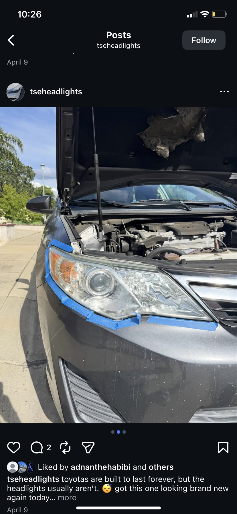 Toyota Camry — headlight restoration in progress
