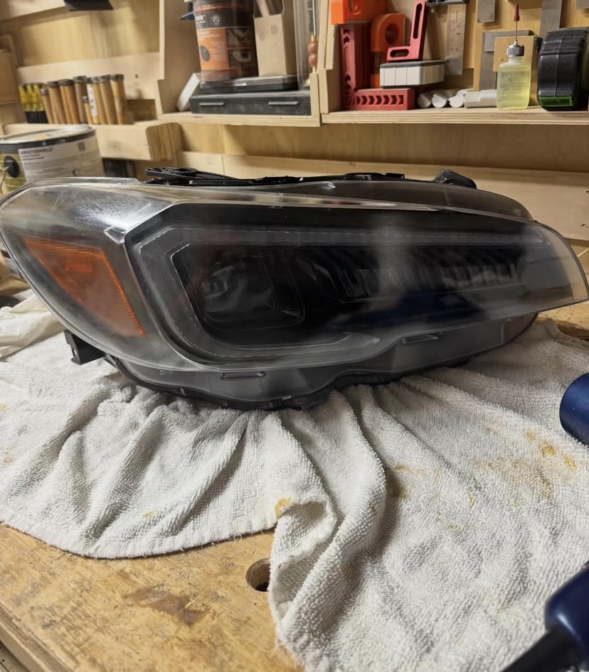 Custom headlight — finished unit on workbench
